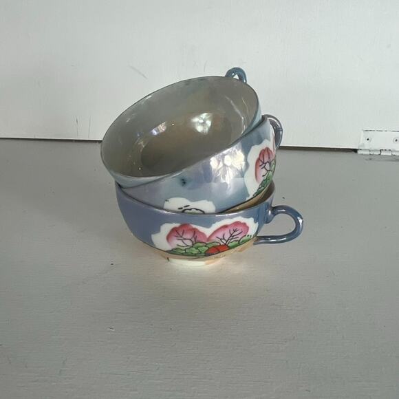 Vintage 40s Lusterware Tea Cup Set of Three Hand Painted Bone China JAPAN - Picture 2 of 10